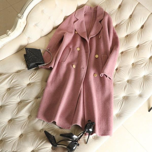 

2020 new solid wool coat women double breasted alpaca for women's long fashion woolen overcoat winter toyouth women spring coat1, Black