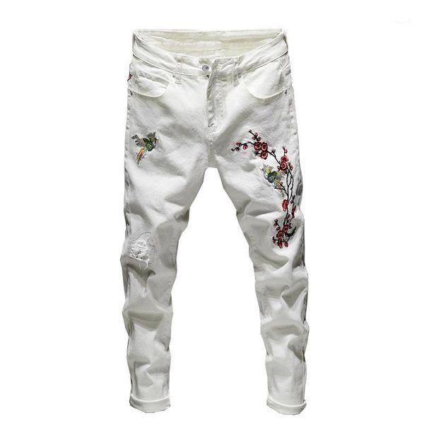 

men's flower embroidery ripped jeans fashion slim stretch denim pants white blue gray black1
