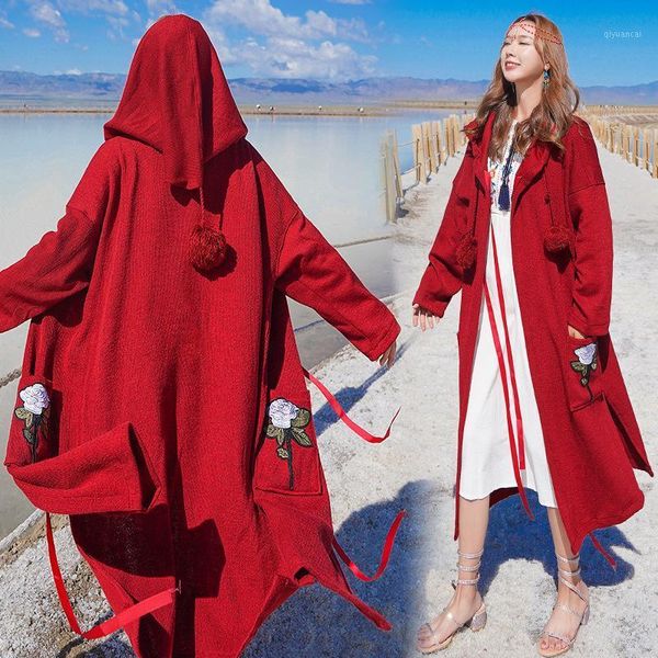 

#3913 spring autumn red long coat women with hood vintage trench coat for women loose embroidery overcoat poncho femme1, Tan;black