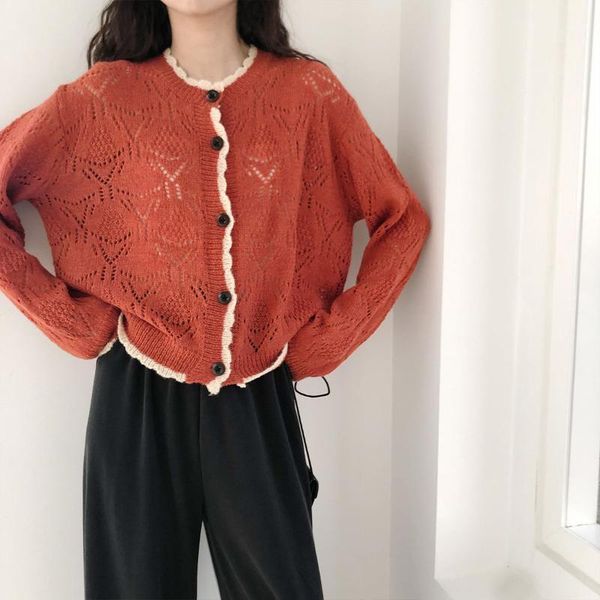 

spring 2021 new short long sleeve hollow out knitted sweater cardigan jacket women's v-neck loose, White