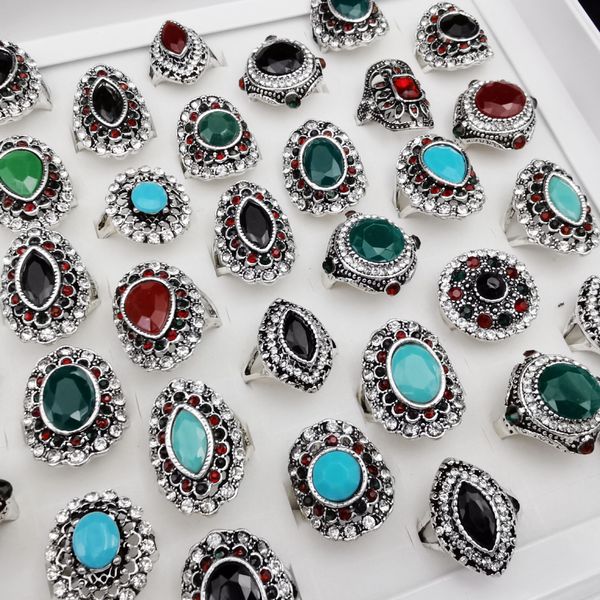 

50pcs/lot bohemia agate gemstone ring silver vintage natural stone ring for women man ring jewelry party gifts fine jewelry