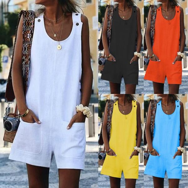 

summer new womens short jumpsuit leisure pocket button cotton linen strap loose button jumpsuit loose t0 overalls for women, Black;white