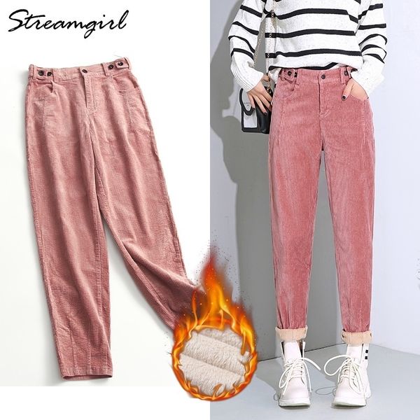 

autumn winter corduroy pants women high waist corduroy trousers for women black warm harem winter velvet pants pink trousers 201031, Black;white