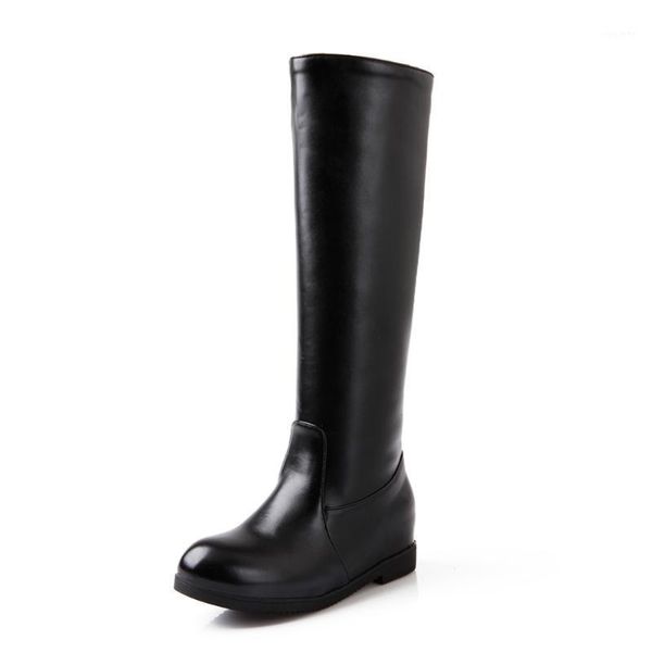 

shoes lady boots round toe winter footwear zipper thigh high heels high 2020 med large size wedge leather rubber1, Black