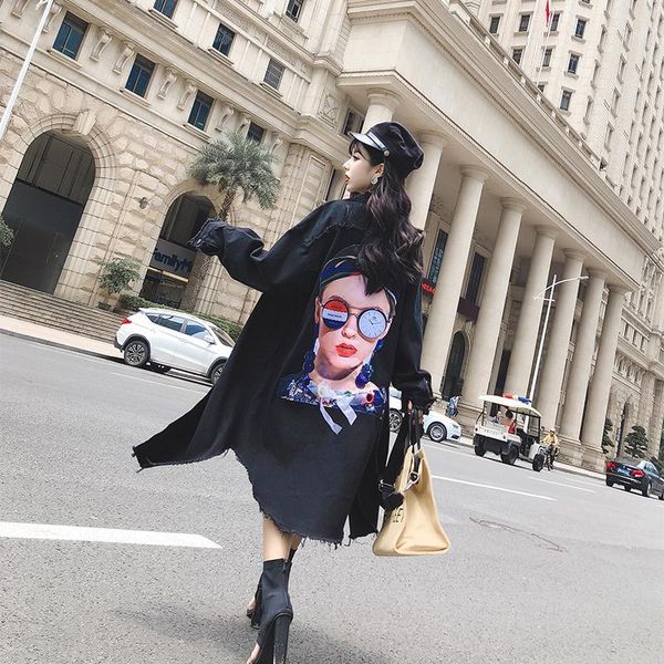 

2019 new patch characters street wear long sleeve punk loose women jackets jeans plus size1, Black;brown