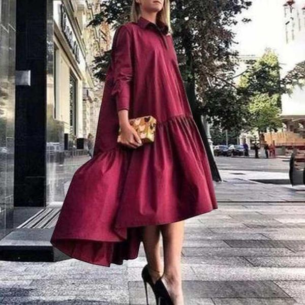 

plus size shirt dress 2021 vonda casual turn down neck long sleeve solid dresses bohemian party vestidos femme elegant robe, Black;gray