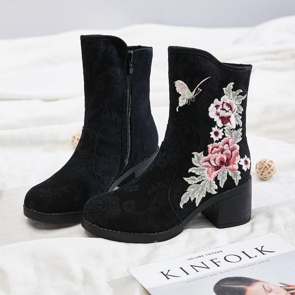 

qpfjqd spring fall women retro ankle boots chinease style embroider girls high heel booties side zipper winter plus velvet shoes, Black