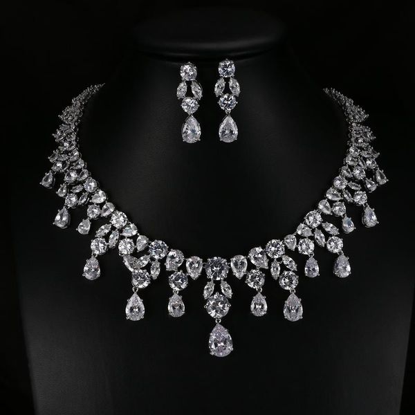 

Beautiful Sparkling Water Drop Cubic Zirconia Full Jewelry Sets Women Bridal Gifts White Gold Color Earring Necklace Set S-001, Silver