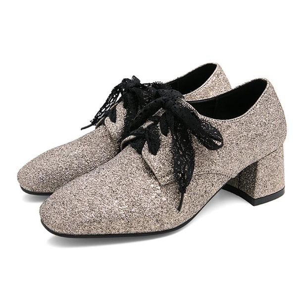 

sagace boots women fashion round head sequin lace lace up square heel work women's single shoes ladies shoes women d12, Black