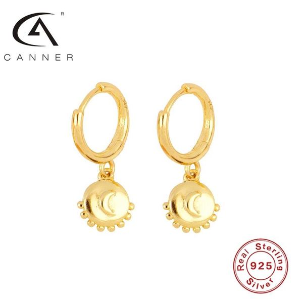 

CANNER 925 Silver Earrings Hoop with Sun Moon Dangle S925 Sterling Plata Piercing Stud Ear Rings For 2021 New Year Gift Present, Golden;silver