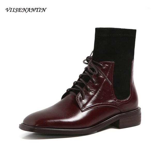 

boots fashion retro female british style autumn winter square toe flat bottom mid-tube elastic socks women ankle boots1, Black