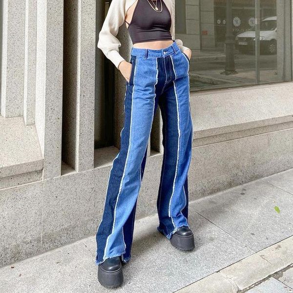 

fnoce 2020 new women's pants jeans fahsion trends casual patchwork high waist slim elegant denim full straight pants for girl, Blue