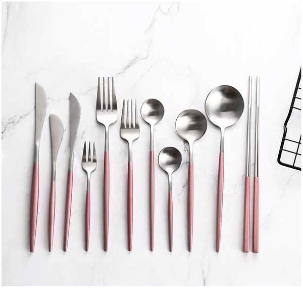 

pink silver stainless steel western tableware steak knife fork coffee spoon teaspoon butter knives chopstick gold cut sqcfil