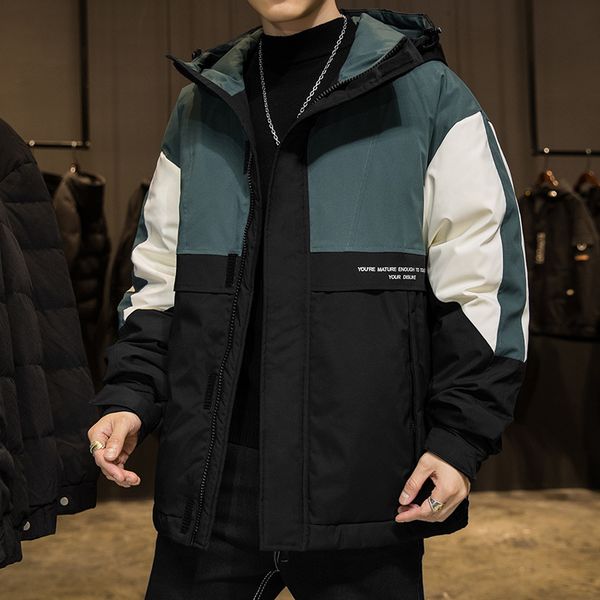 

winter new thickening men's short color matching hooded fashionable down jacket thickened loose coat, Black