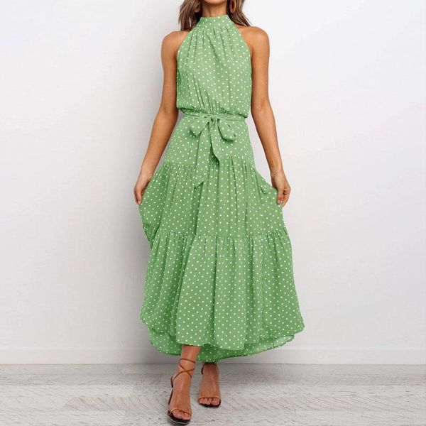 

2021 halter neck off shoulder polka dot print dress women summer floral lace up ruffle hem long dress casual boho beach sundress, Black;gray