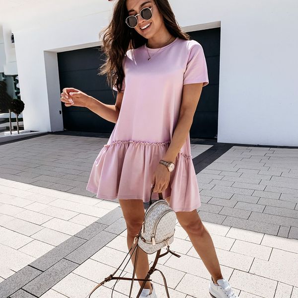 

loose casual short sleeve mini dress women 2021 summer o-neck white black ruffles big hem beach dresses for woman femme robe y0118, Black;gray
