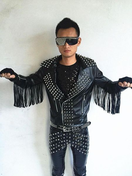 

men's jackets man band rock drum men and women singer dj show rivet jacket punk pu leather tassel coats boys male costumes, Black;brown