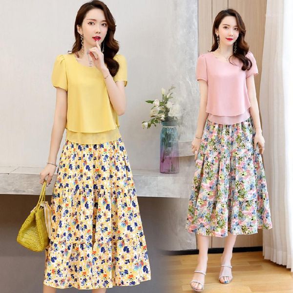 

fashion set chiffon dress short sleeve rural style floral two piece long skirt 4xl 5xl plus size outfits womens clothing1, White