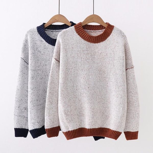 

japanese fashion round neck knitted sweater female long sleeve stitching striped loose bottoming sweater women pullover spring1, White;black