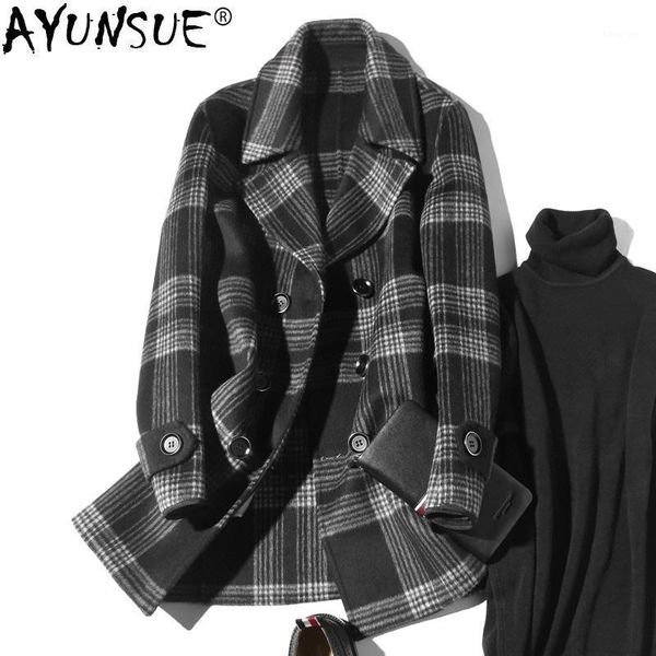 

ayunsue double breasted wool coat men plaid long jacket spring autumn woolen coat mens coats and jackets overcoat kj15581, Black