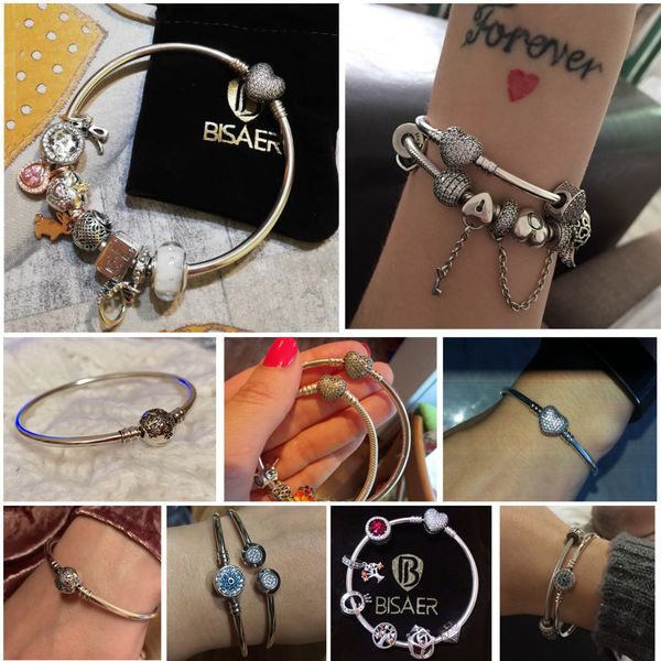 

bisaer 925 sterling silver pulseira snowflake bangles 925 heart snake chain clasp femme silver bracelet for women jewelry 201209, Black
