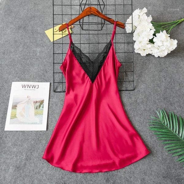 

ladies silk sleepwear satin nightgown v-neck nightdress slip nighties summer night dress lace night gown lingerie for women1, Black;red