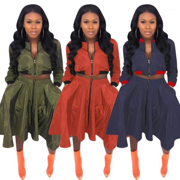 

plus size two piece set clothes zipper long sleeve pleated skirts suits + skirts casual 2 piece sets womens club outfits1, White