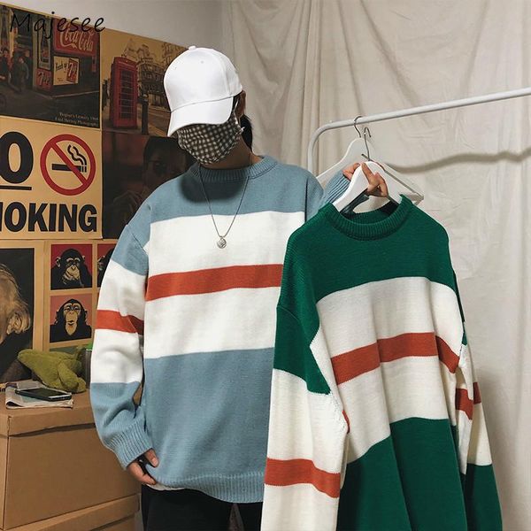 

men pullover ins chic panelled striped knitted sweater male all-match loose casual retro streetwear trendy harajuku korean style, White;black