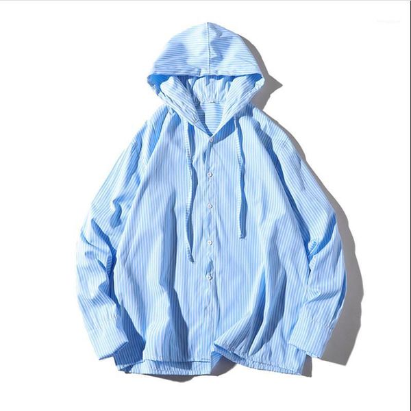 

2021 new shirt men cotton hooded japanese thin loose breathable casual striped button down shirt sunscreen overcoat for male1, White;black