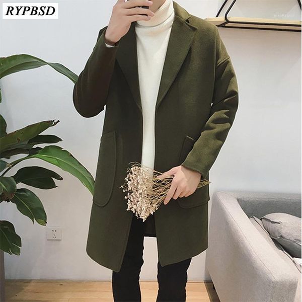 

man wool coat trench fashion casual long coat men warm long sleeve loose cotton woolen men 2020 new1, Black
