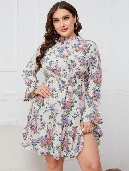 

plus floral print flounce sleeve frill trim dress m4or#, Black