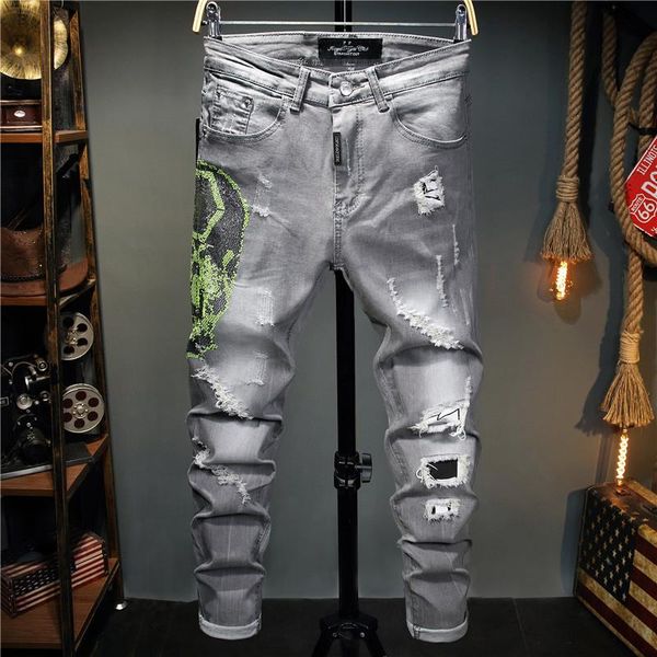 

pp skull fall/winter men jeans tattered pencil slim-fit man pants casual gray rhinestone tight stretch pants jeans, Blue