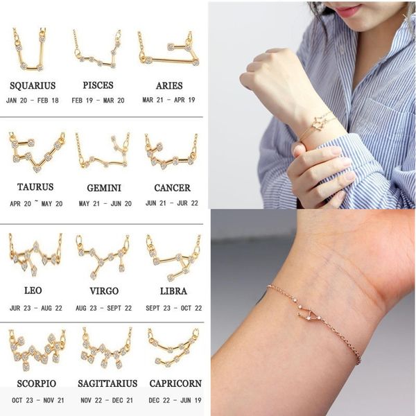 

trendy 12 zodiac signs constellation chain bracelet for women vintage gold color crystal anklet bracelet bohemian style, Golden;silver