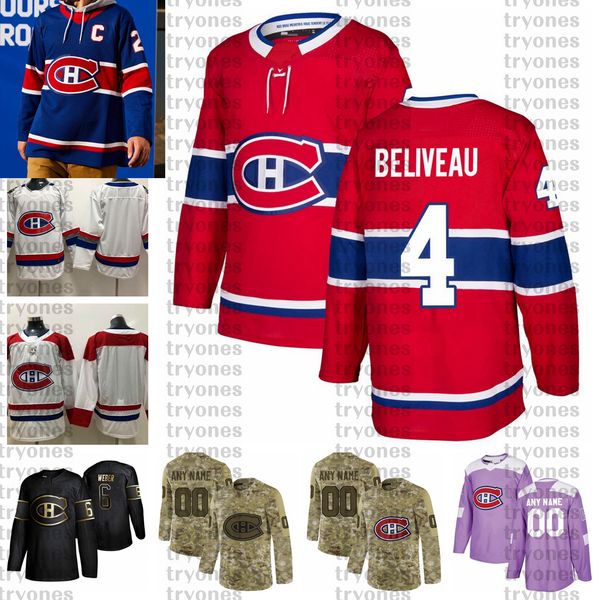 

2021 reverse retro customize #4 jean beliveau montreal canadiens hockey jerseys golden edition camo veterans day fights cancer custom shirt, Black;red