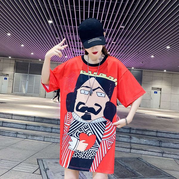 

women's cartoon print quick dry mesh lazy casual long short sleeve t-shirt for women, Black;gray