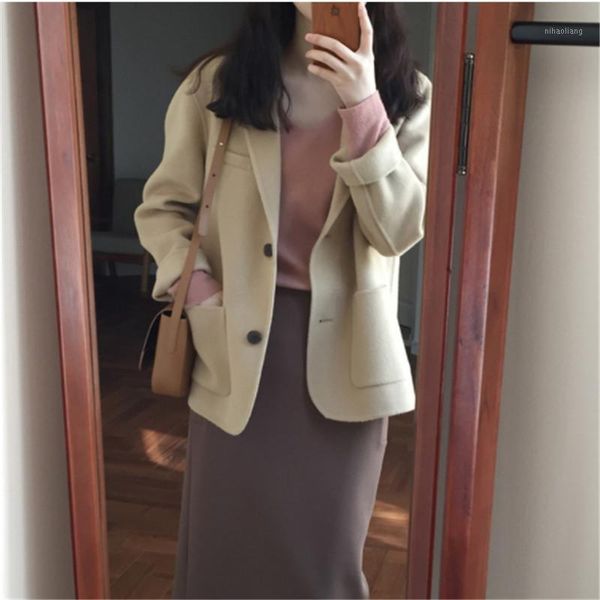 

women's wool & blends suits female vintage autumn office ladies notched collar plaid women blazer breasted jacket casual pockets womens, Black