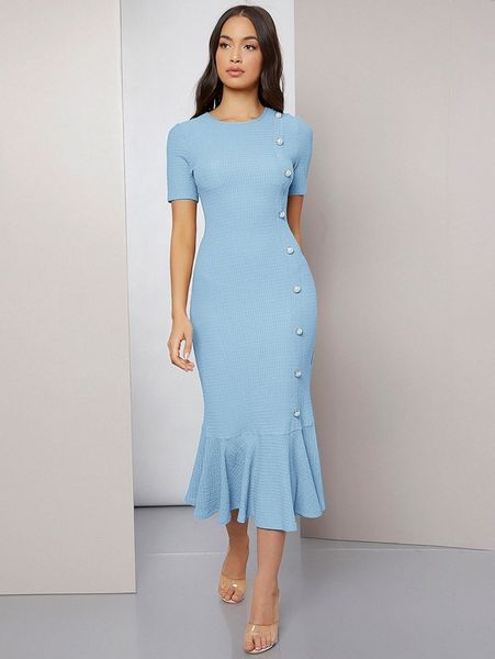 

pearl button detail mermaid hem dress s2yr#, Black;gray