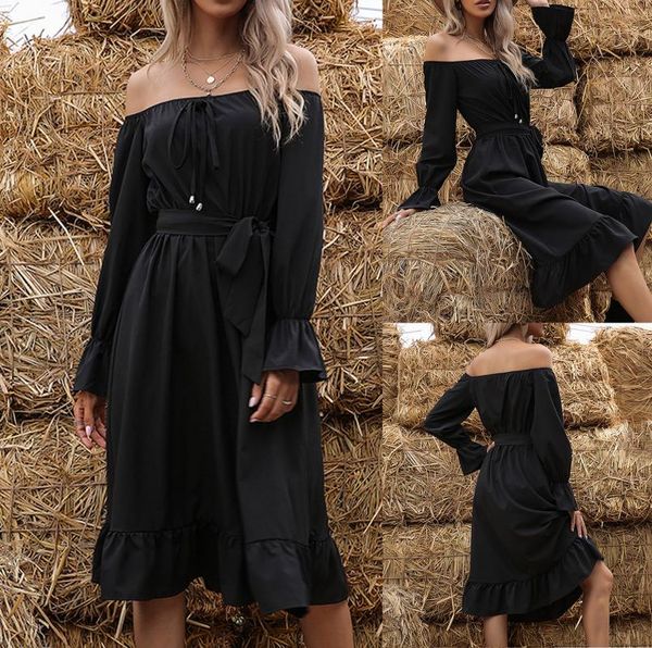 

women's solid color black mid-length long sleeve one-line dress, Black;gray