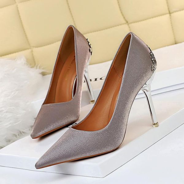 

dress shoes elegant metal carved heels women pumps 2021 fashion silk 10cm woman wedding shoes1, Black
