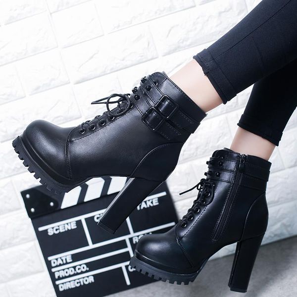 

boots thick heel 2021 autumn and winter british style high ankle lace up women's, Black