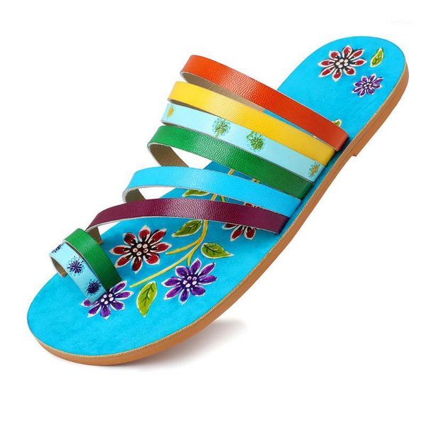 

iliyah bohemian genuine leather sandals handmade colorful stripe flower stitching casual slip on sandals beach flat shoes women1, Black