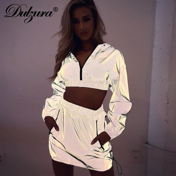 

dulzura flash reflective zipper long sleeve hoodies pullover hooded crop high waist mini skirt women 2 piece set y200110, White