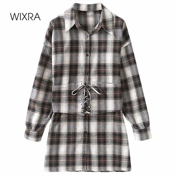 

wixra womens plaid mini dress with girdle full sleeve turn down collar mid calf clothing spring summer new, Black;gray