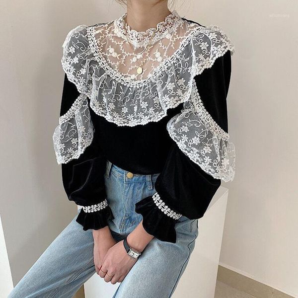 

comelchic 2020 sweet women velvet shirt lace patchwork fashion all-match loose feminine gentle office lady cute blouses1, White