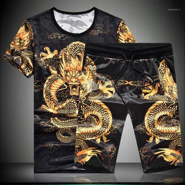 

batmo 2019 new arrival summer ice silk printed dragon t-shirts sets men,men's shorts sets plus-size -7xl 1921, Gray