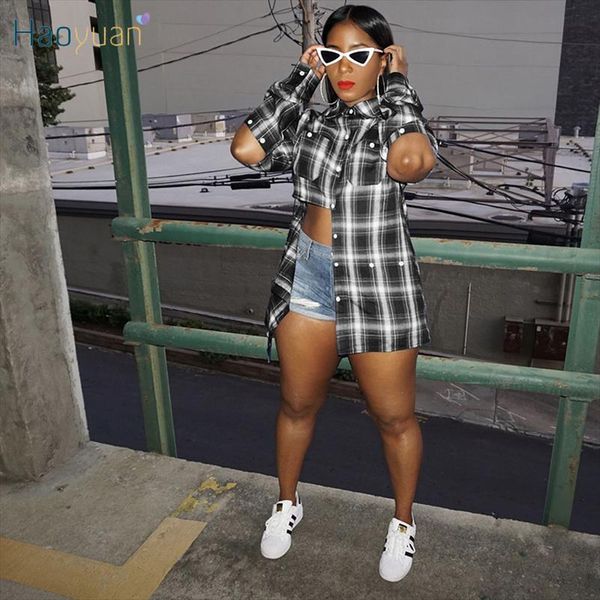 

haoyuan plaid button blouses long sleeve loose fall shirt for women fashion clothing streetwear night club blouse, White