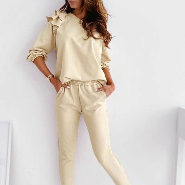 

wepbel round neck long sleeve pants sets autumn women sets fashion solid color casual suit homewear suits female pants1, Gray