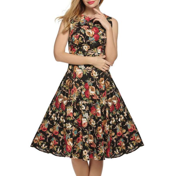 

summer women's hepburn sleeveless printed mid length dress, White