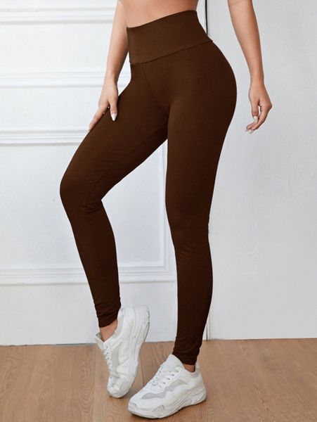 

solid wide waistband leggings v1z9#, Black