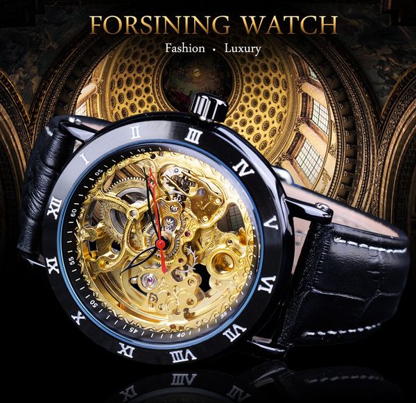 

2021 new forsining retro flower design classic black golden watch genuine leather band water resistant men's mechanical automatic watch, Slivery;brown